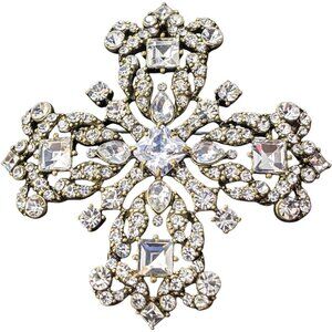 Joan Rivers Maltese Cross Brooch Crystal 2.5" Silver Tone Pendant Large Pin Vtg